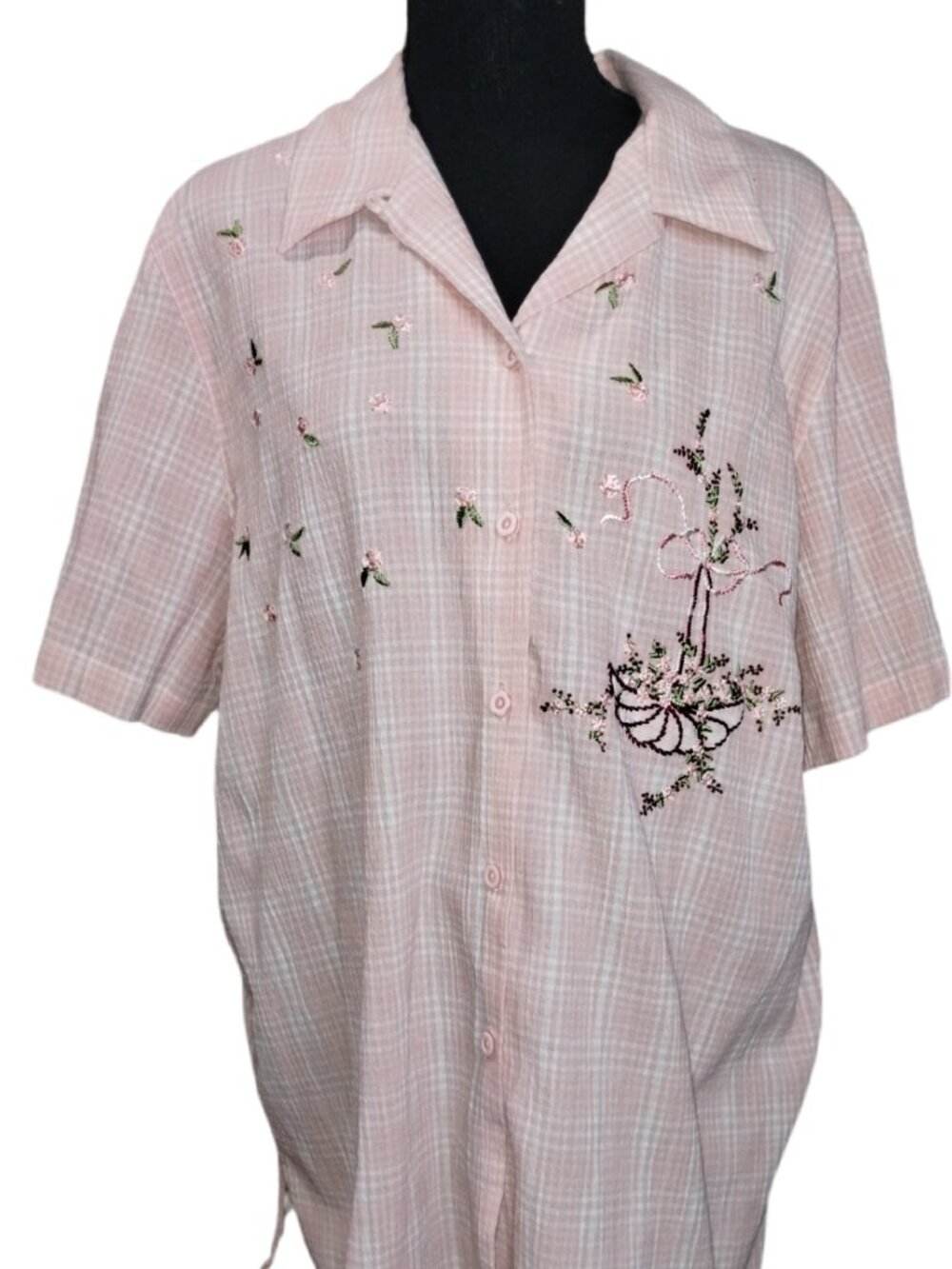 Women's Koret XL, Pink Plaid Button-Down Short Sleeve Blouse